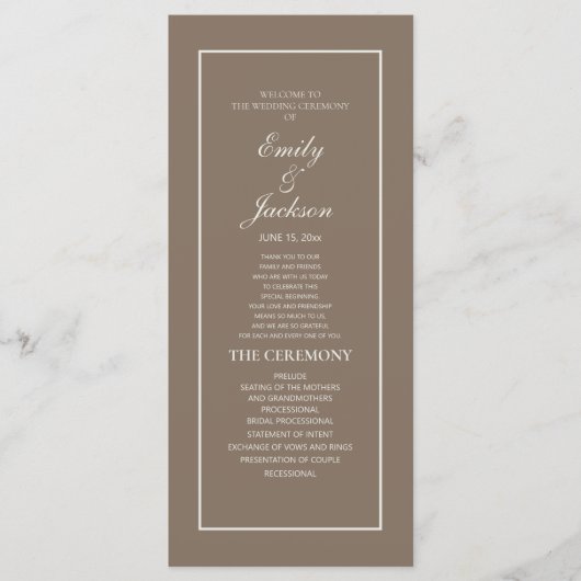 Elegant Brown Cream Script Wedding Programme Programmakaart (Voorkant)