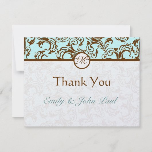 Elegant Brown Damask op Light Aqua Blue Bedankkaart (Voorkant)