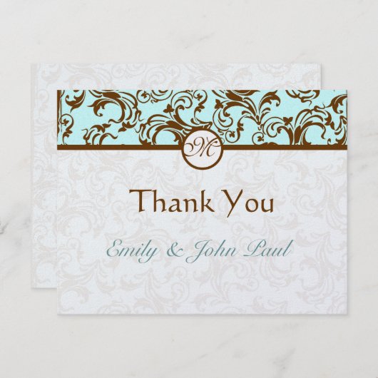 Elegant Brown Damask op Light Aqua Blue Bedankkaart (Voorkant / Achterkant)