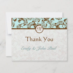 Elegant Brown  Damask op Light Aqua Blue Bedankkaart