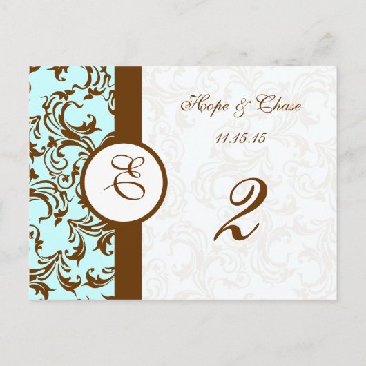 Elegant Brown Damask op Light Aqua Blue Briefkaart (Achterkant)