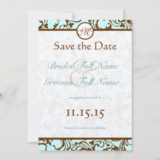 Elegant Brown  Damask op Light Aqua Blue Kaart (Voorkant)