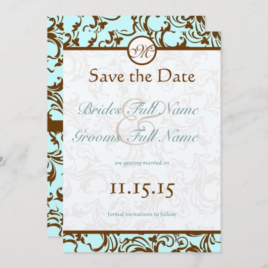 Elegant Brown  Damask op Light Aqua Blue Kaart (Voorkant / Achterkant)