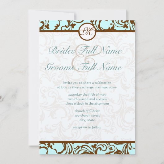 Elegant Brown  Damask op Light Aqua Blue Kaart (Voorkant)