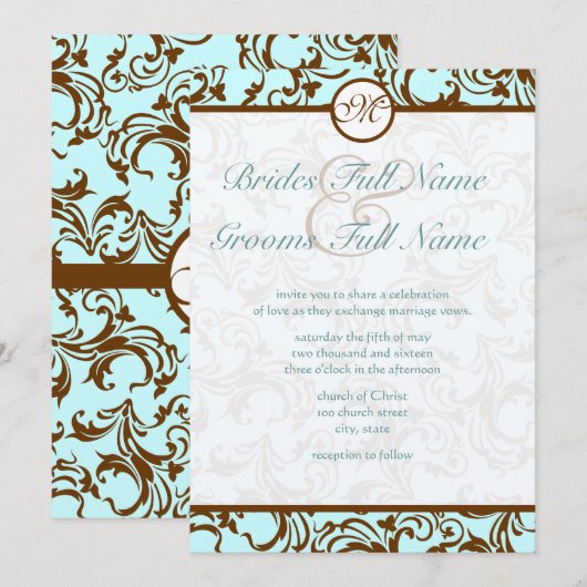 Elegant Brown  Damask op Light Aqua Blue Kaart (Voorkant / Achterkant)