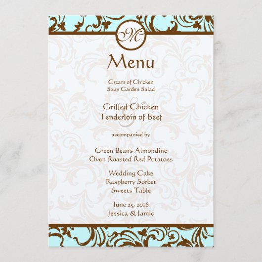 Elegant Brown  Damask op Light Aqua Blue Menu (Voorkant)
