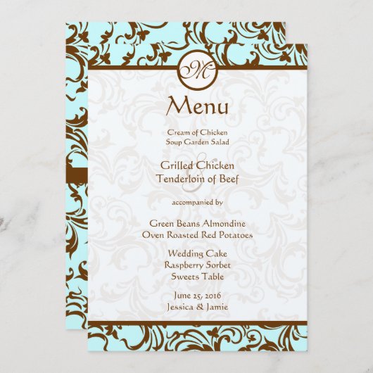 Elegant Brown  Damask op Light Aqua Blue Menu (Voorkant / Achterkant)