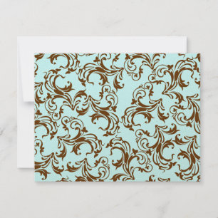 Elegant Brown Damask op Light Aqua Blue RSVP Kaartje