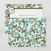 Elegant Brown  Damask op Light Aqua Blue RSVP Kaartje (Voorkant / Achterkant)