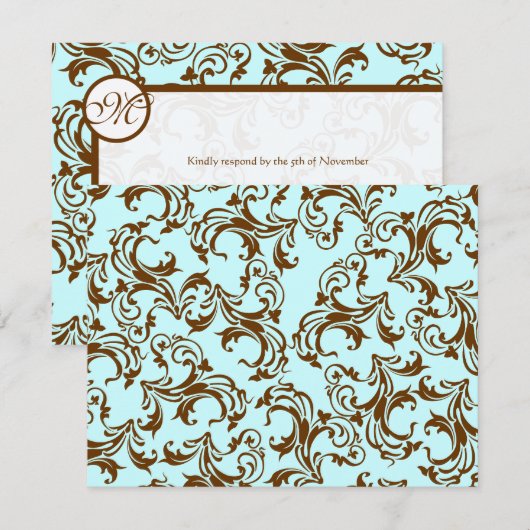 Elegant Brown  Damask op Light Aqua Blue RSVP Kaartje (Voorkant / Achterkant)