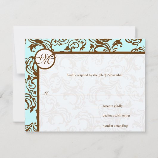 Elegant Brown  Damask op Light Aqua Blue RSVP Kaartje (Achterkant)