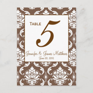 Elegant Brown Damask Wedding Table Number Briefkaart