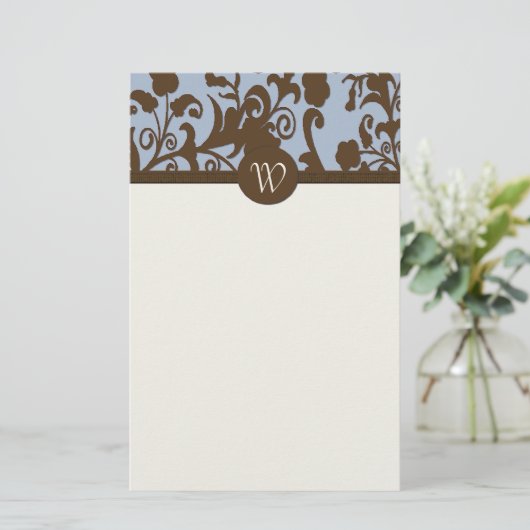 Elegant Brown en Blue Damask Personal Stationery Briefpapier (Staand voorkant)