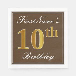 Elegant Brown, Faux Gold 10th Birthday + naam Servetten