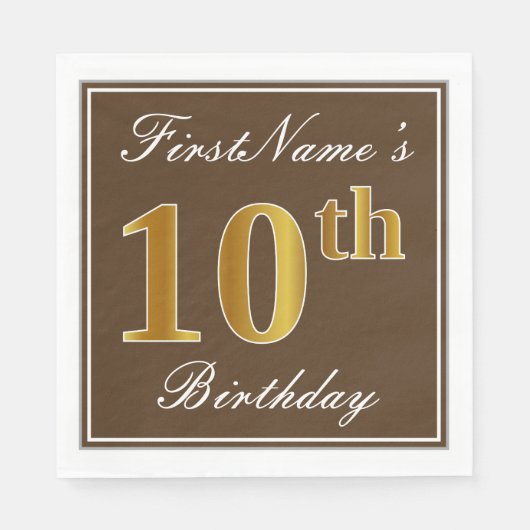 Elegant Brown, Faux Gold 10th Birthday + naam Servetten (Voorkant)