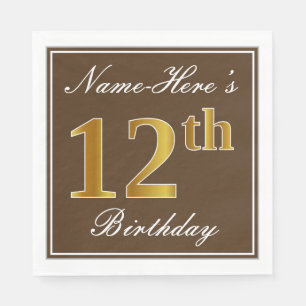 Elegant Brown, Faux Gold 12th Birthday + naam Servet