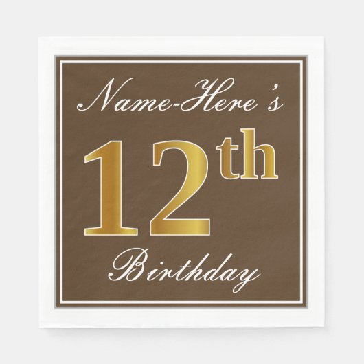 Elegant Brown, Faux Gold 12th Birthday + naam Servet (Voorkant)
