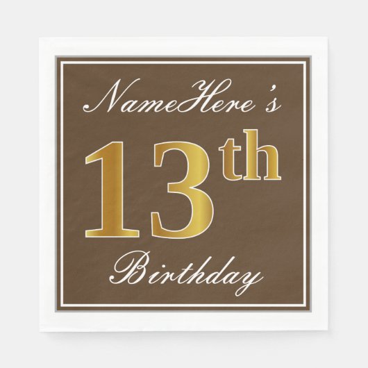 Elegant Brown, Faux Gold 13th Birthday + naam Servet (Voorkant)
