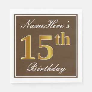 Elegant Brown, Faux Gold 15th Birthday + naam Servet