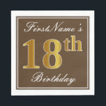 Elegant Brown, Faux Gold 18th Birthday   naam Servetten<br><div class="desc">Dit eenvoudige en elegante papieren servetontwerp bevat een bericht als "FirstName's 18th Birthday" (met de "18th" met een faux goudachtige kleur) binnen een bruin-gekleurd vierkant gebied met een eenvoudige omtrek aan de rand. De naam is in een wit-gekleurde manuscript-als tekst, en kan worden aangepast. Dit soort luiers kunnen misschien op...</div>