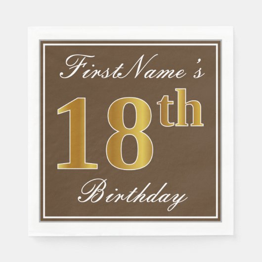 Elegant Brown, Faux Gold 18th Birthday + naam Servetten (Voorkant)
