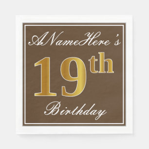Elegant Brown, Faux Gold 19th Birthday + naam Servetten