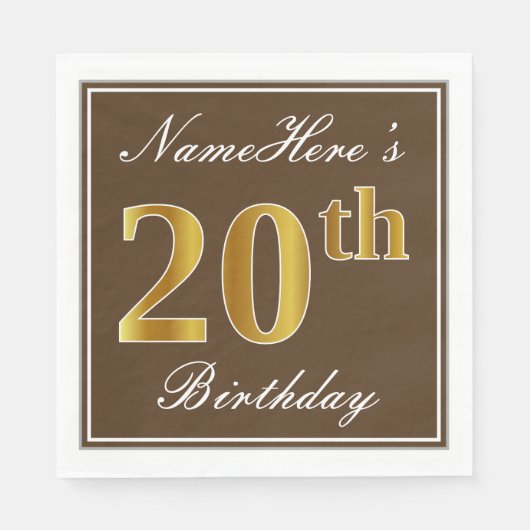 Elegant Brown, Faux Gold 20th Birthday + naam Servetten (Voorkant)