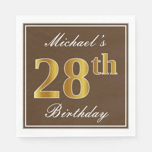 Elegant Brown, Faux Gold 28th Birthday + naam Servet (Voorkant)