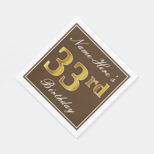 Elegant Brown, Faux Gold 33rd Birthday + naam Servet (Hoek)