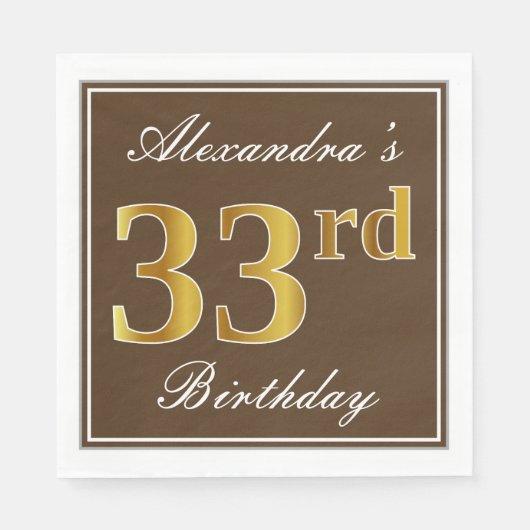 Elegant Brown, Faux Gold 33rd Birthday + naam Servet (Voorkant)