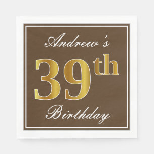 Elegant Brown, Faux Gold 39th Birthday + naam Servet