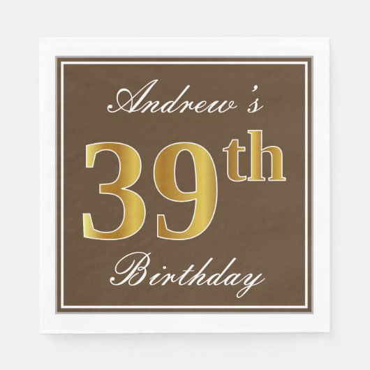Elegant Brown, Faux Gold 39th Birthday + naam Servet (Voorkant)