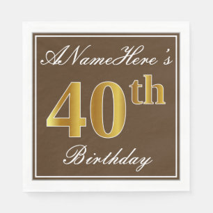 Elegant Brown, Faux Gold 40th Birthday + naam Servet