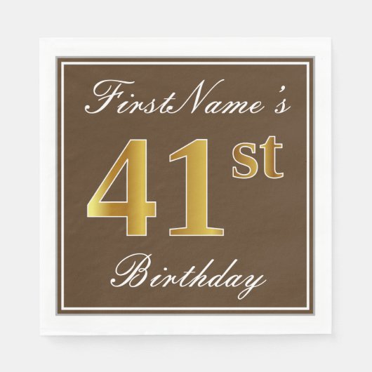 Elegant Brown, Faux Gold 41st Birthday + naam Servet (Voorkant)