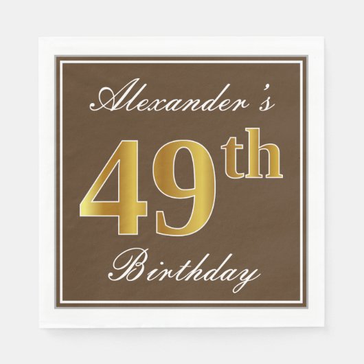Elegant Brown, Faux Gold 49th Birthday + naam Servet (Voorkant)