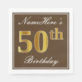 Elegant Brown, Faux Gold 50th Birthday + naam Servet