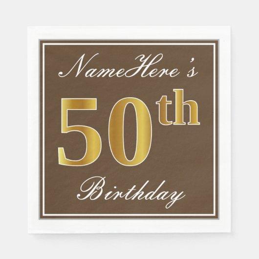 Elegant Brown, Faux Gold 50th Birthday + naam Servet (Voorkant)