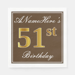 Elegant Brown, Faux Gold 51st Birthday + naam Servet