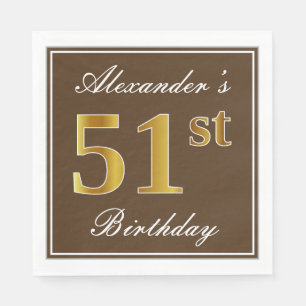 Elegant Brown, Faux Gold 51st Birthday + naam Servet