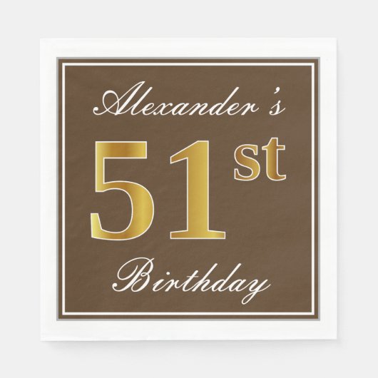 Elegant Brown, Faux Gold 51st Birthday + naam Servet (Voorkant)