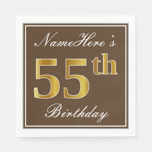 Elegant Brown, Faux Gold 55th Birthday + naam Servetten (Voorkant)