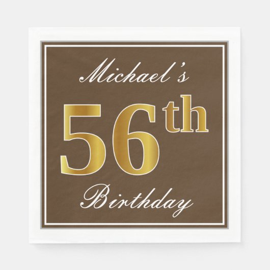 Elegant Brown, Faux Gold 56th Birthday + naam Servet (Voorkant)