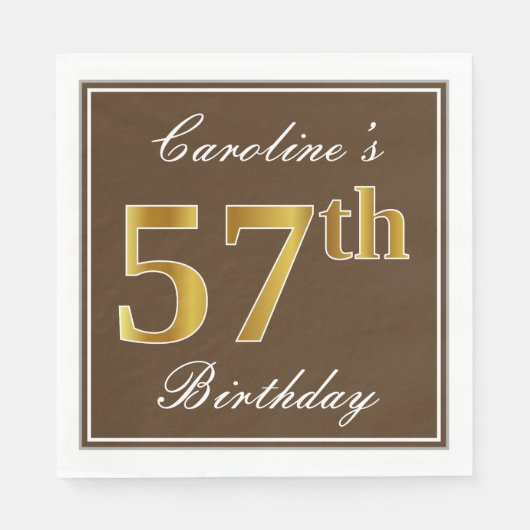 Elegant Brown, Faux Gold 57th Birthday + naam Servet (Voorkant)