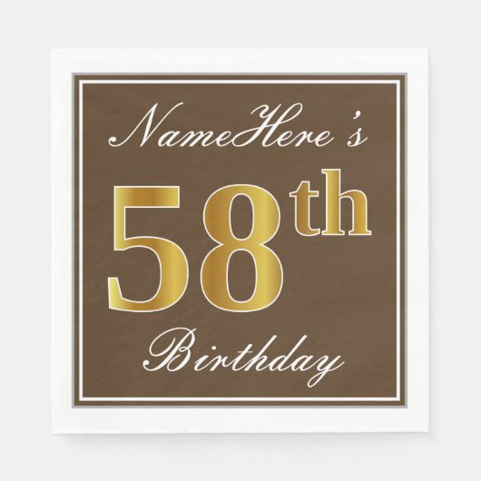 Elegant Brown, Faux Gold 58th Birthday + naam Servet (Voorkant)