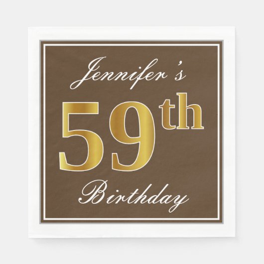 Elegant Brown, Faux Gold 59th Birthday + naam Servet (Voorkant)