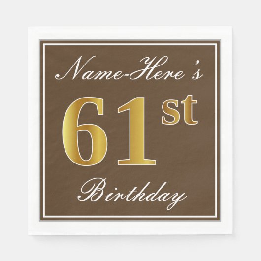 Elegant Brown, Faux Gold 61st Birthday + naam Servet (Voorkant)