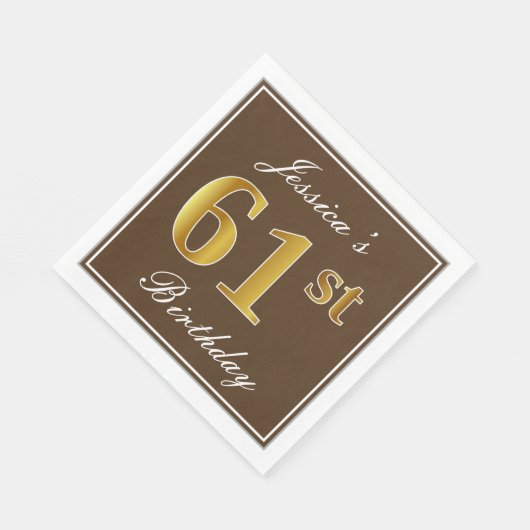 Elegant Brown, Faux Gold 61st Birthday + naam Servet (Hoek)