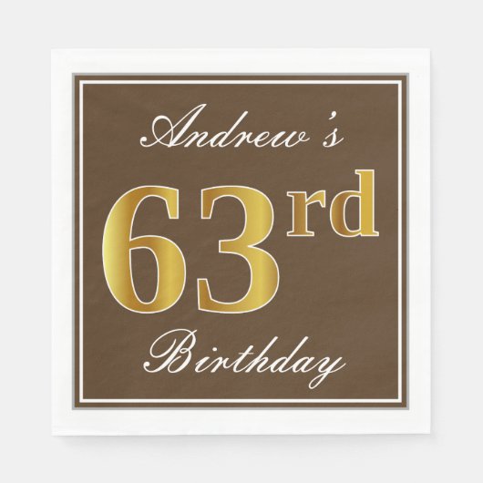 Elegant Brown, Faux Gold 63rd Birthday + naam Servet (Voorkant)