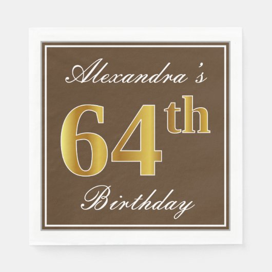 Elegant Brown, Faux Gold 64th Birthday + naam Servet (Voorkant)