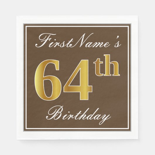 Elegant Brown, Faux Gold 64th Birthday + naam Servet (Voorkant)